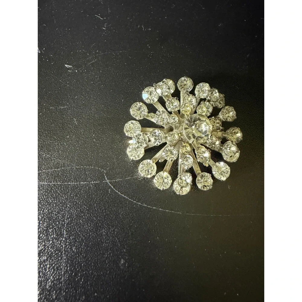 Vintage Sunburst Brooch Silver Tone Clear Rhinestone Starburst Floral Pin